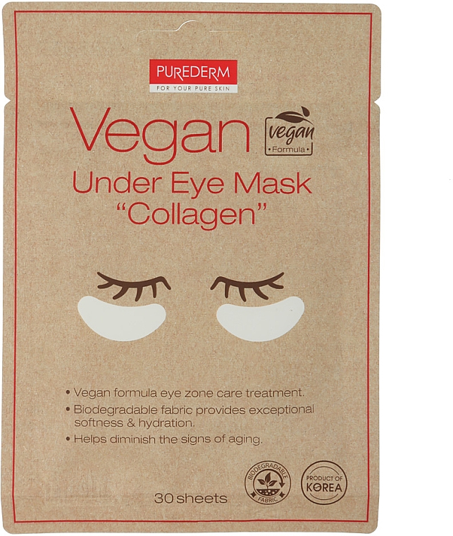 PUREDERM Vegan Under Eye Mask "Collagen"- sada textilních očních náplastí s kolagenem, 30ks