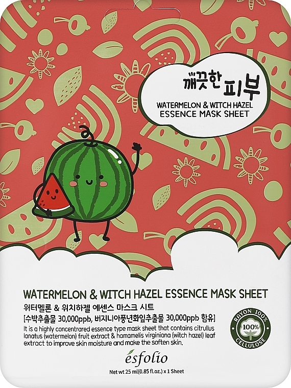 ESFOLIO Pure Skin Watermelon & Witch Hazel Essence Mask Sheet - hydratační jednorázová pleťová maska s extraktem vodního melounu a vilínem, 1ks
