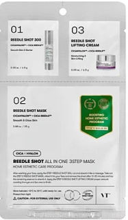 VT COSMETICS Reedle Shot All In One 3Step Mask - vyhlazující tříkroková pleťová maska s niacinamidem a komplexem CICAHYALON™, 1.5g+1.5g+25g